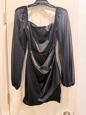 Windsor Black Satin Draped Mini Dress with Sheer Mesh Sleeves
